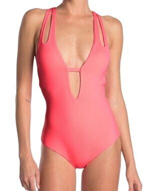 Becca Split Strap Coral One-Piece Swimsuit Open Back Strap Size L